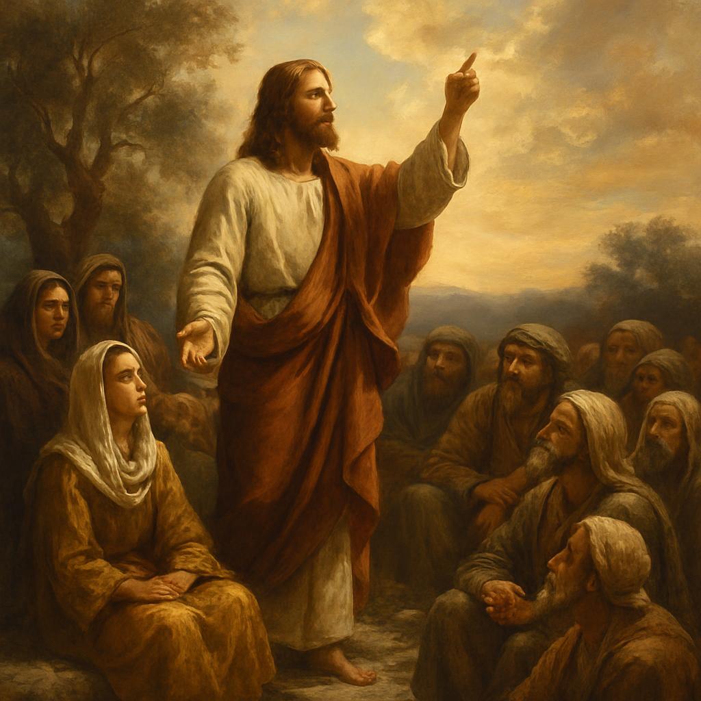 A painting of Jesus Christ addressing a crowd, featuring his majestic figure with an adorned robe and a dramatic sky backd...