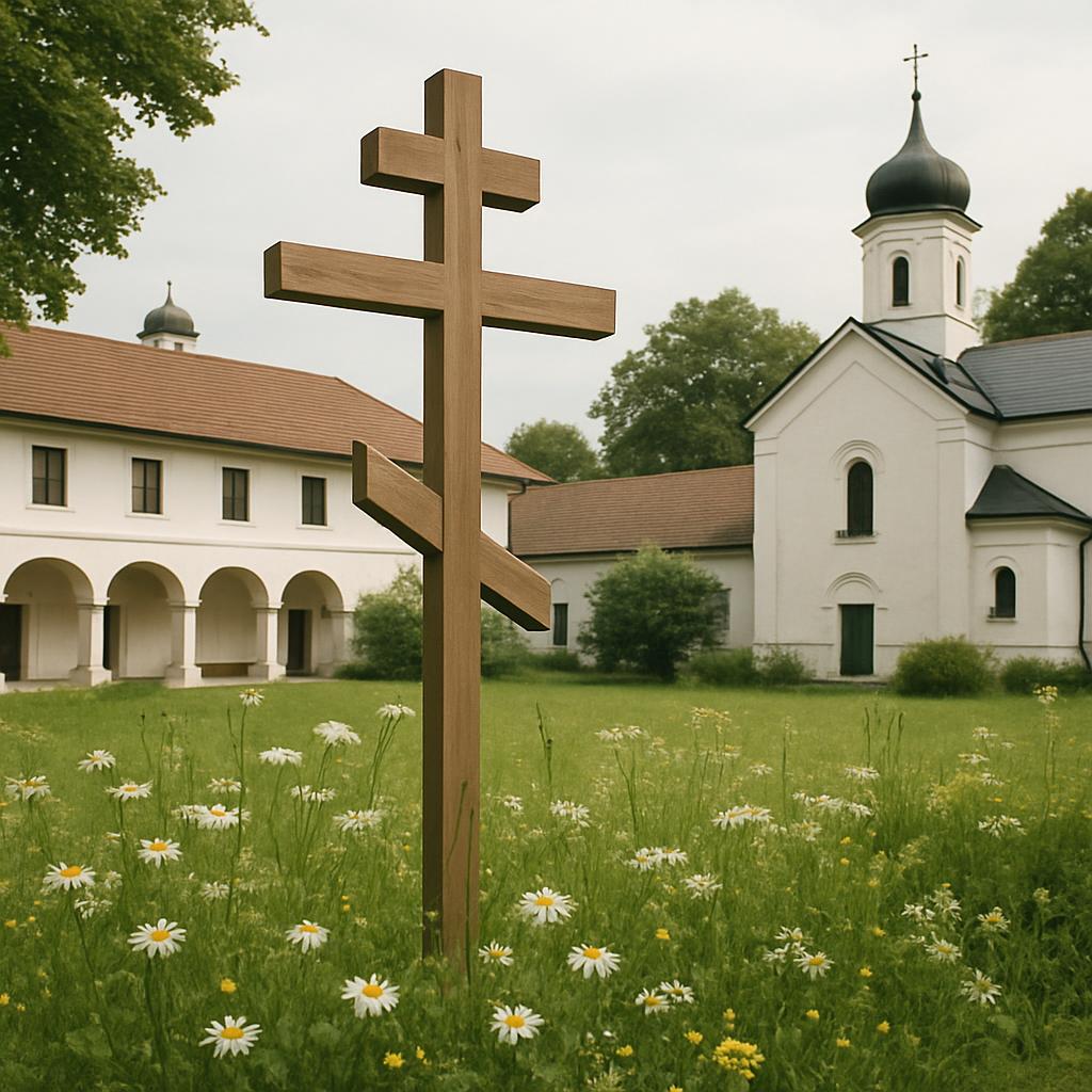 Religious building with cross and flowers in the courtyard.