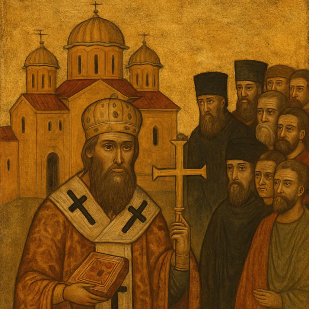 *Author: unknown* Describe: A religious figure holding a bible in front of a church; people standing next to him* Portrait...