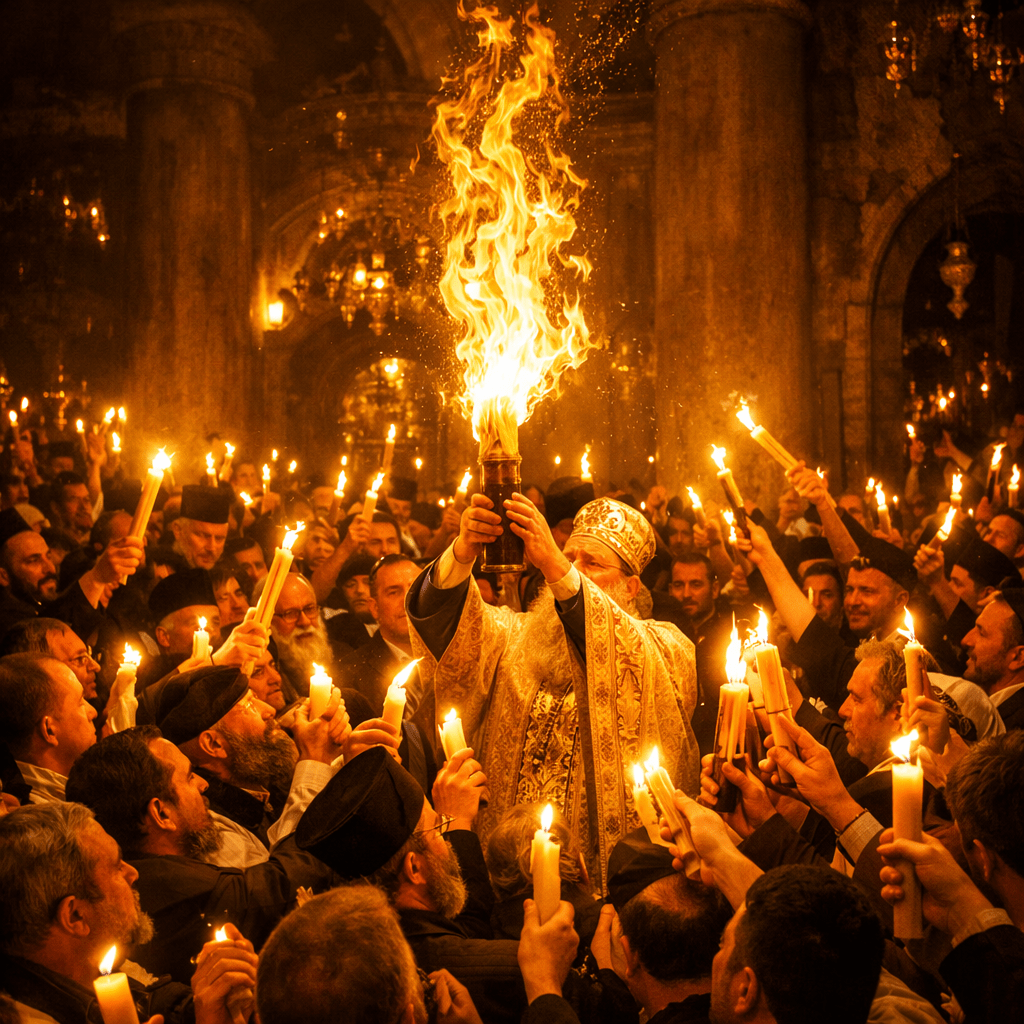 Orthodox priest holding Holy Fire flame surrounded by people with candles inside a church