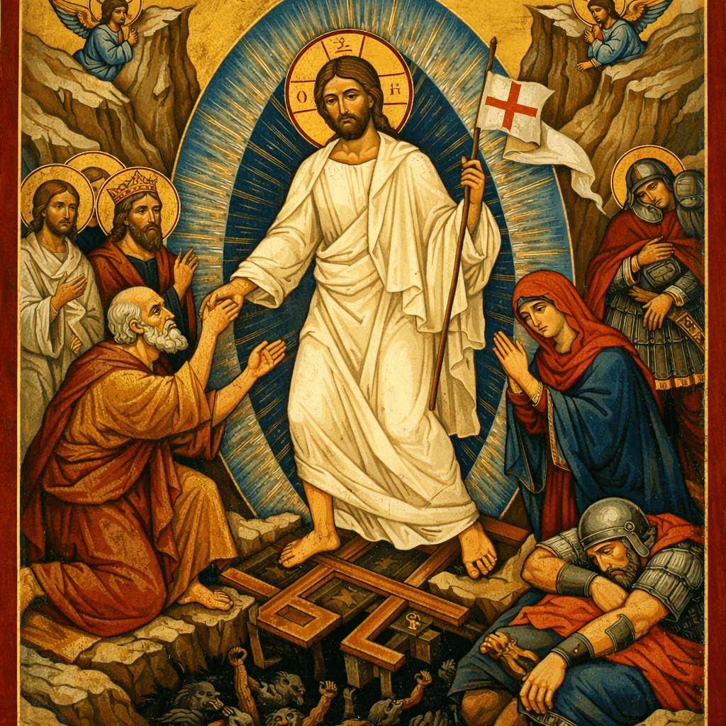 Jesus Christ in white robe holding flag, surrounded by saints, angels, and soldiers