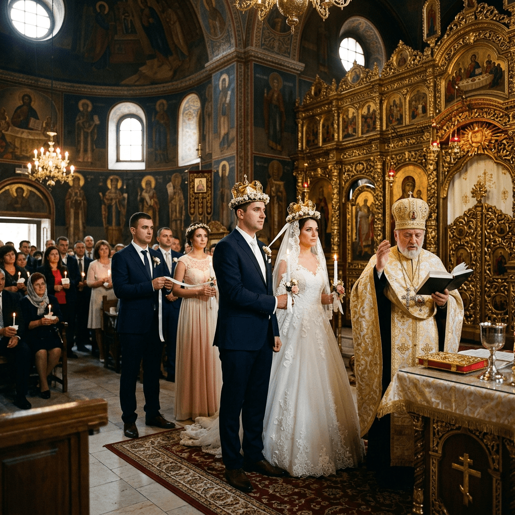 Bride and groom wearing crowns during Eastern Orthodox wedding ceremony in ornate church