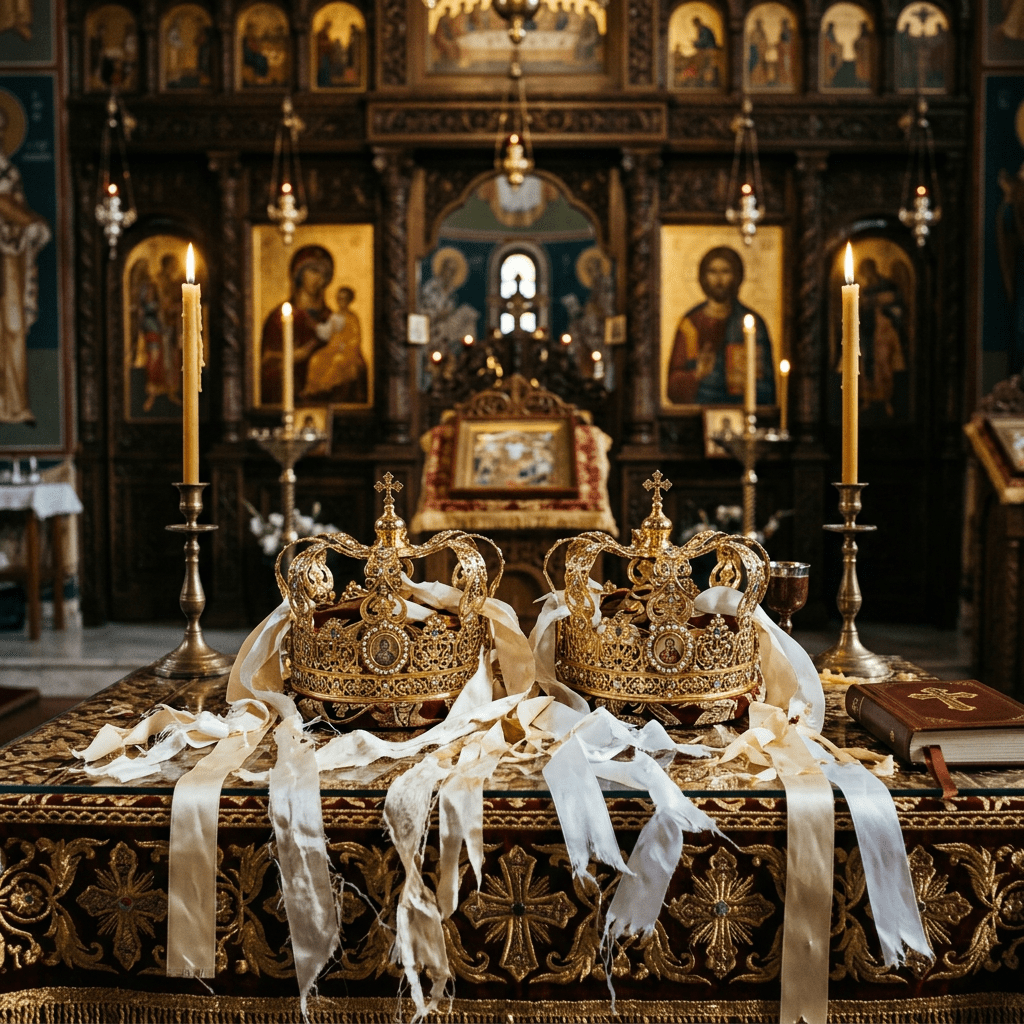 Pair of gold Orthodox wedding crowns on an embroidered altar cloth with church icons and lit candles in background