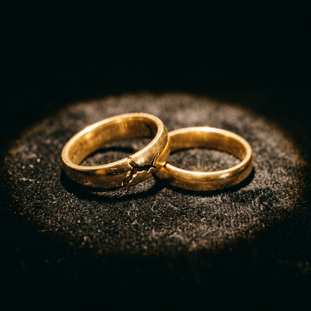 Two gold wedding rings on a dark surface, one ring cracked and damaged