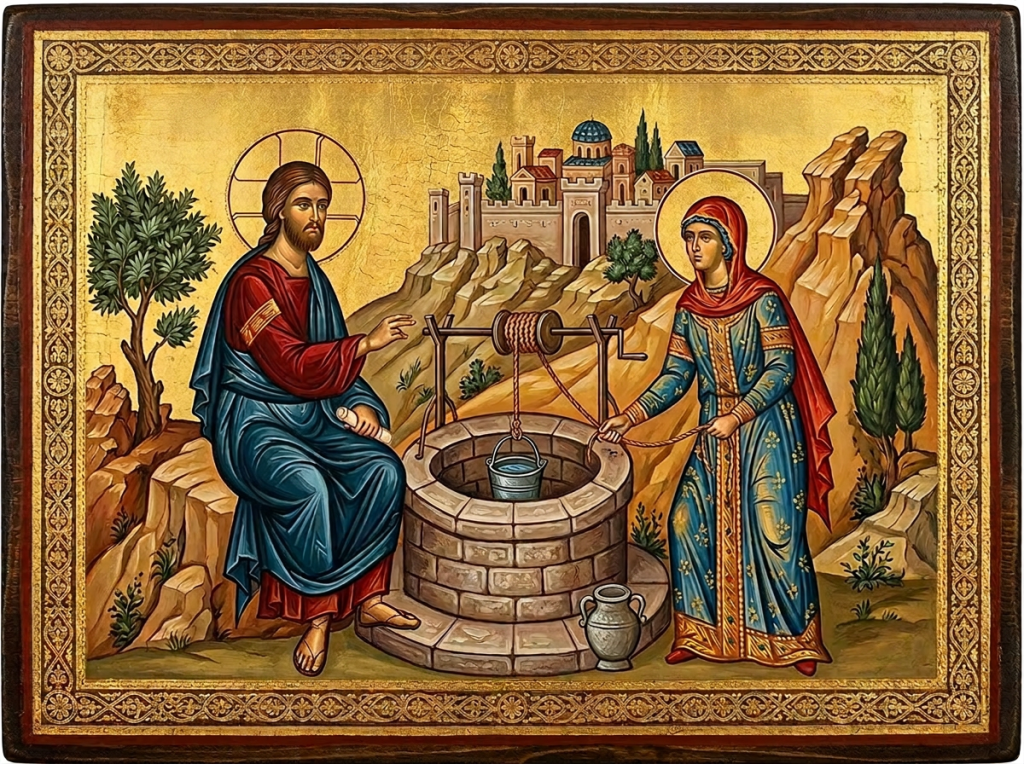 Jesus seated by a stone well speaking to a standing Samaritan woman holding a rope and bucket with a village in the background