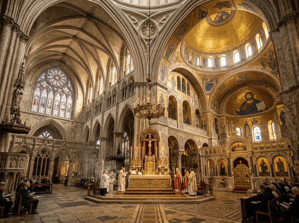 Clergy conducting a mass near an ornately decorated altar inside a historic cathedral