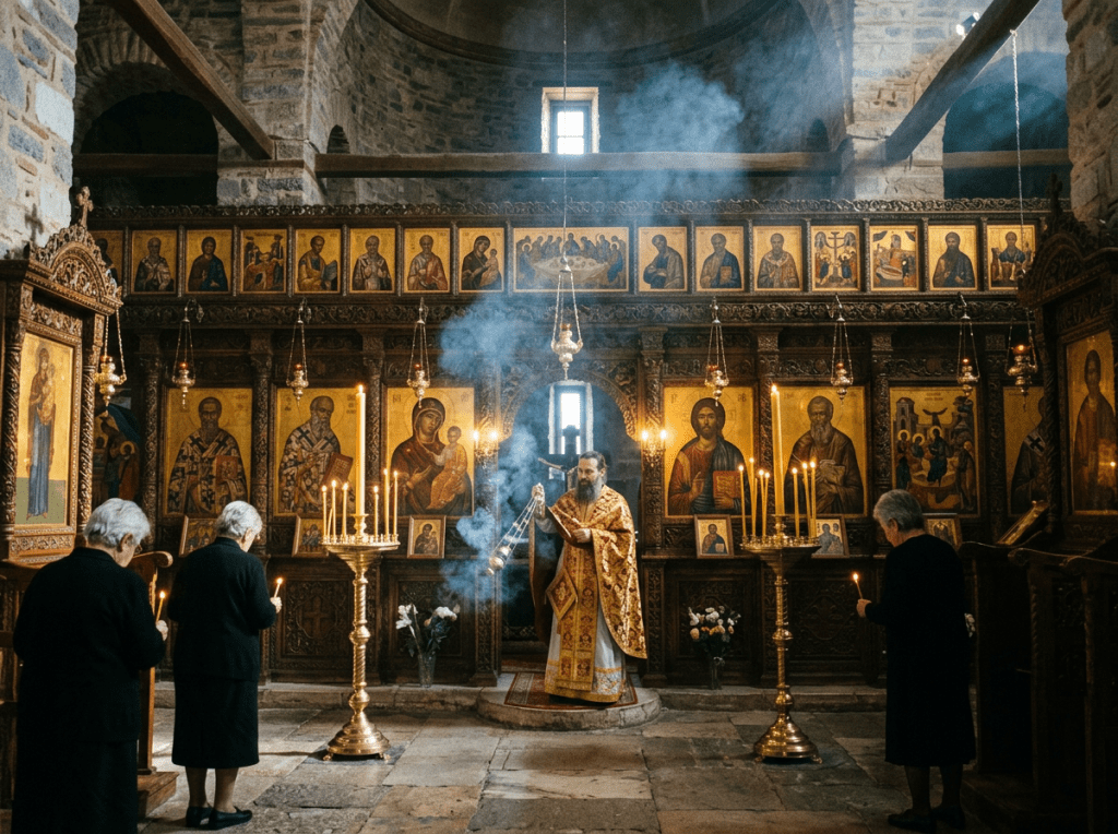 Orthodox priest in gold vestments holding incense censer during ceremony with worshippers and religious icons