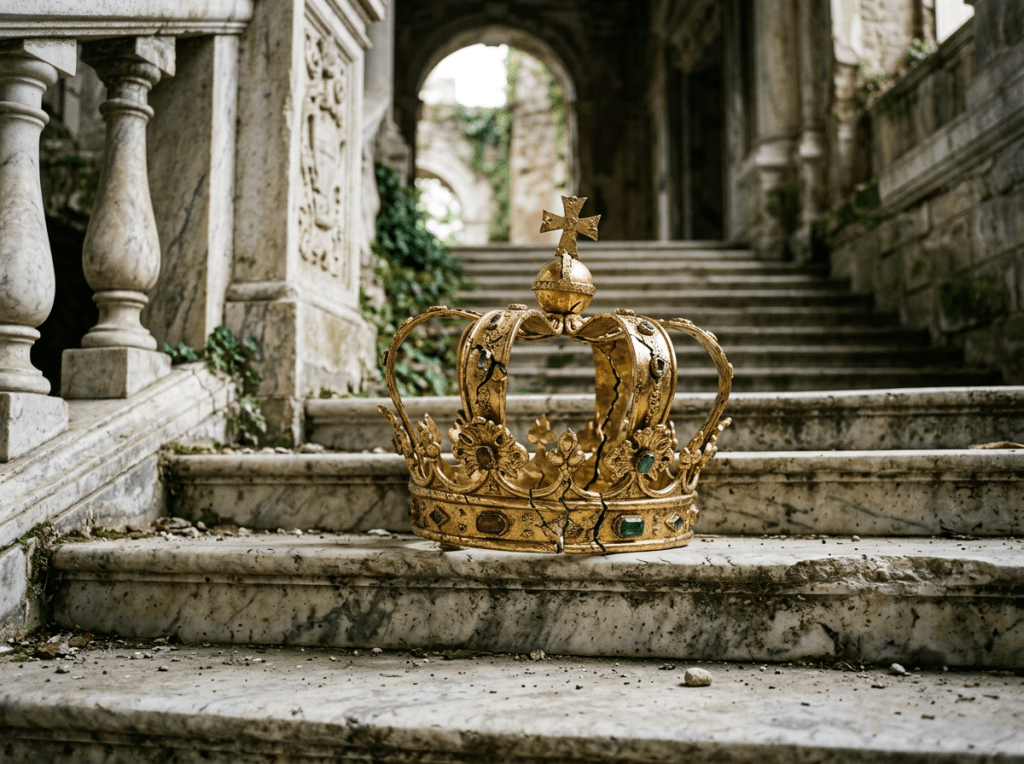 Golden crown with jewels cracked and placed on worn marble steps in an ancient stone hall
