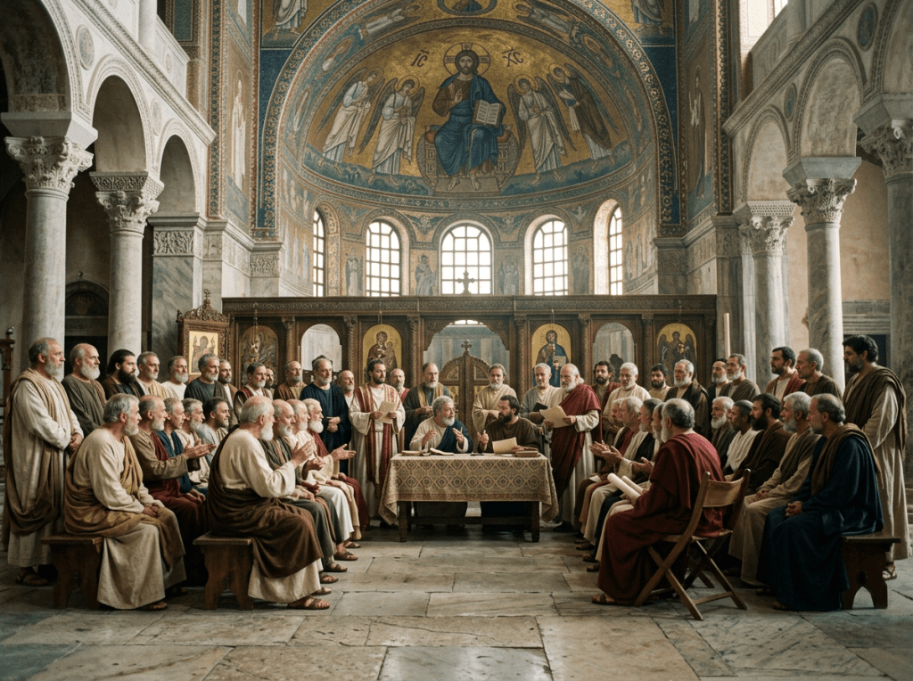 Group of men in Byzantine attire holding a religious council in a decorated church