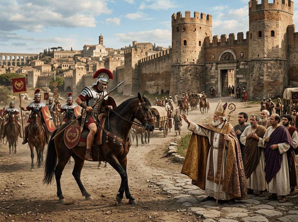 Roman soldiers on horseback meeting a religious leader outside a city gate with medieval architecture