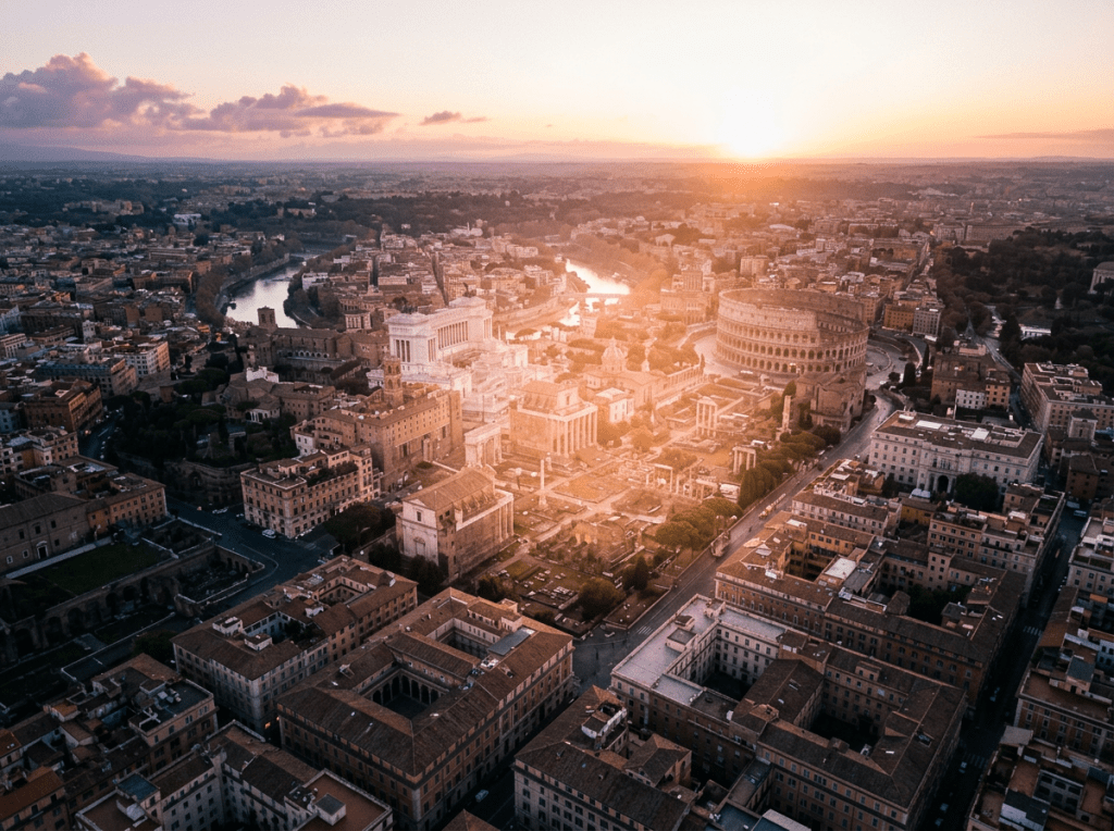 Aerial view of ancient Roman buildings and Colosseum at sunset