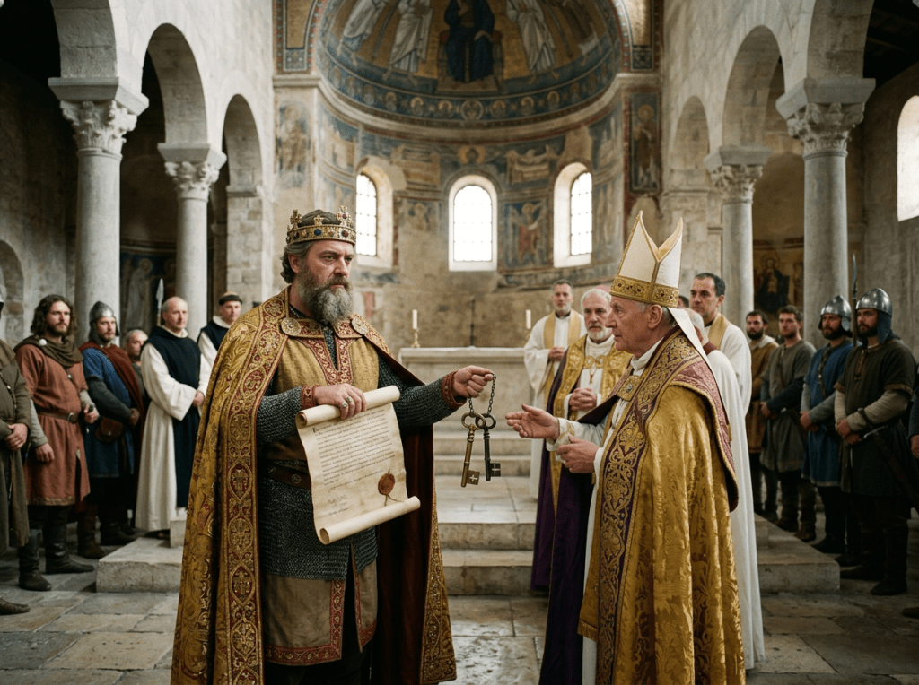 Medieval king in ornate robes giving keys and holding a scroll, bishop receiving them inside a church