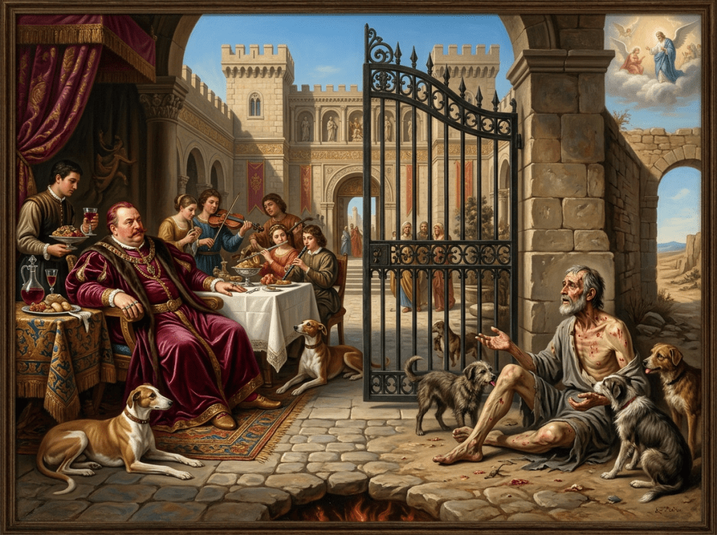 Nobleman and servants dining behind gate while sick beggar with dogs sits outside