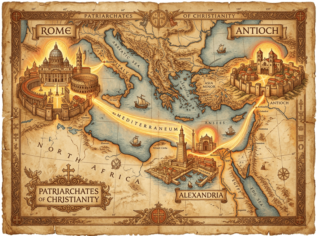 Antique map labeled Patriarchates of Christianity, showing Rome, Antioch, and Alexandria