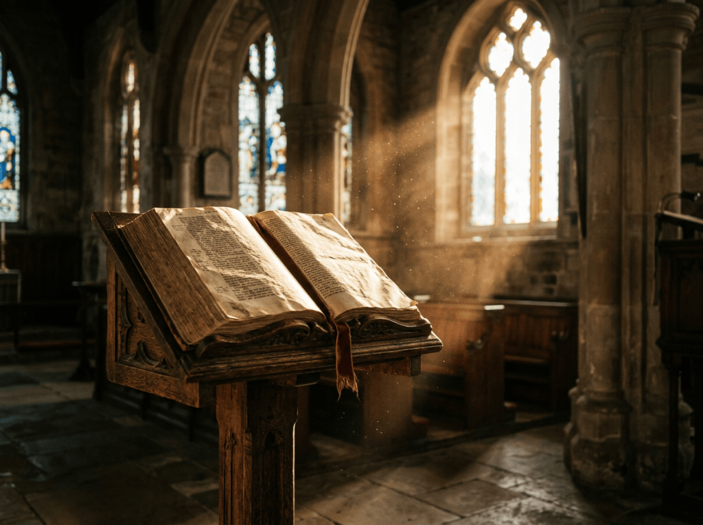 Open Bible on a wooden lectern inside a sunlit stone church