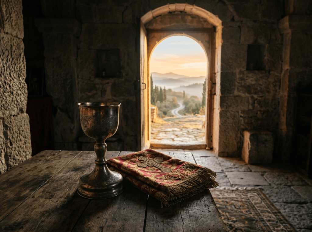 Ceremonial chalice and embroidered cloth on a wooden table inside stone chapel