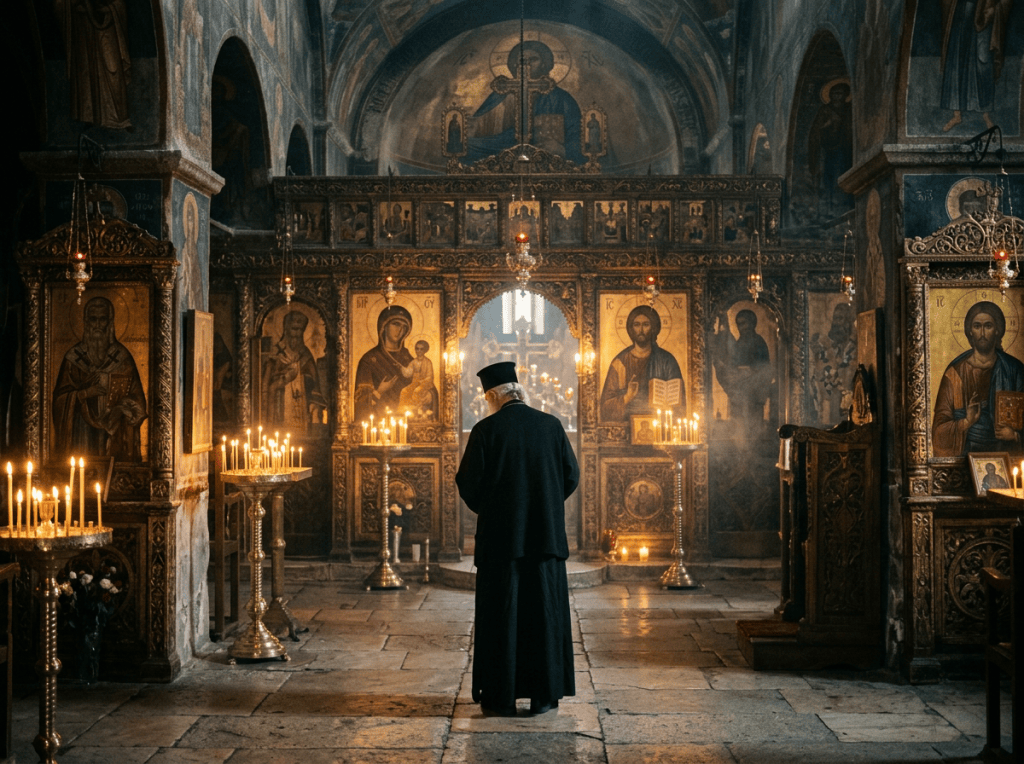 Orthodox priest praying before a candlelit iconostasis covered with religious icons