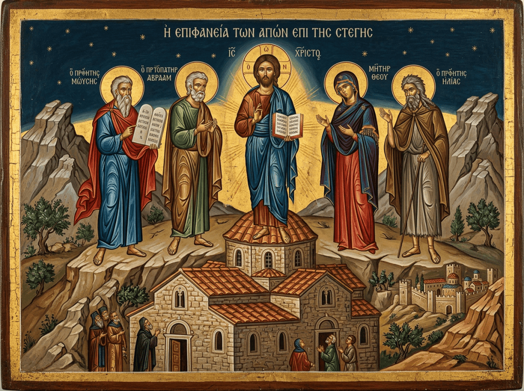 Greek icon of Christ, Mary, Moses, Abraham, and Elijah above monasteries